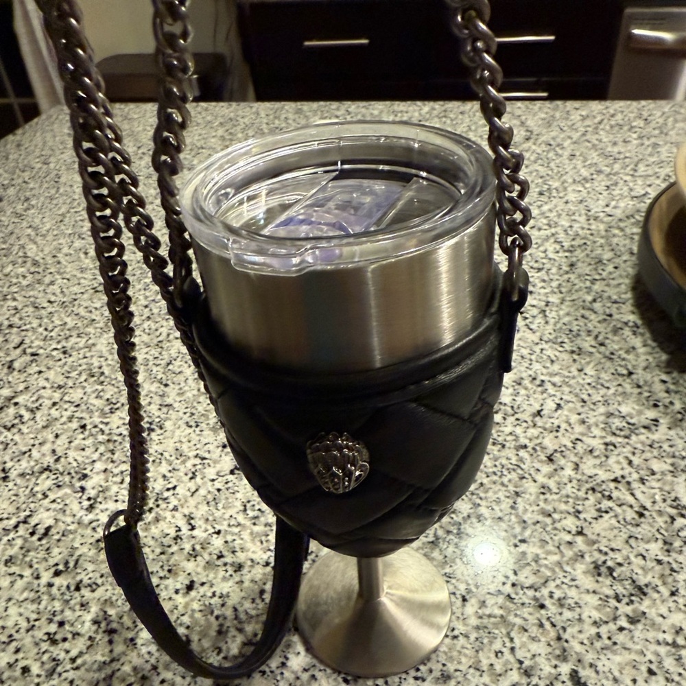 Kurt Geiger Black Quilted Leather Silver Wine cup and Holder